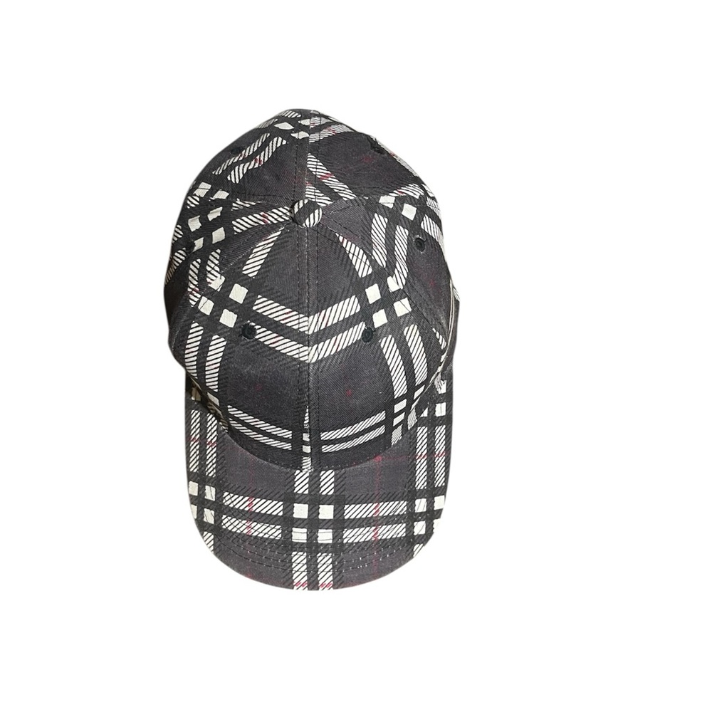 Black Plaid Baseball Cap with White & Red Accents
